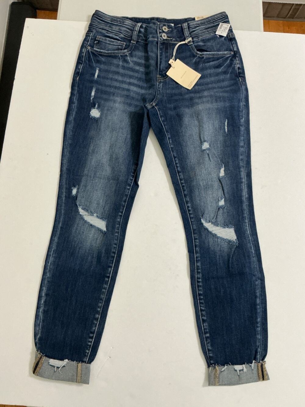 KanCan for Maurices Jeans Womens 29x28 Distressed Cuffed Skinny Dark Wash NWT